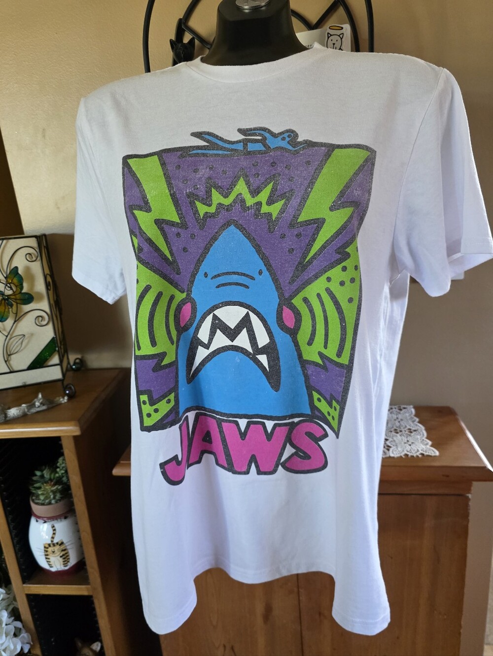 JAWS Abstract Doodle Unisex Graphic White Tee with Neon Shark Art Size M
